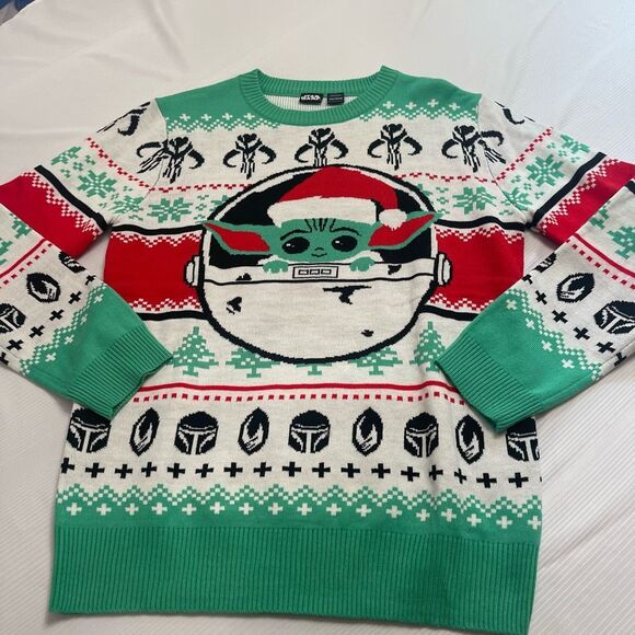 Star Wars Ugly Christmas Sweater Size Medium Mandalorian Baby Yoda Santa - Picture 1 of 8